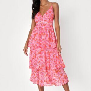 Lulu's Adorable Obsession Pink Floral Print Lurex Tiered Midi Dress NWOT